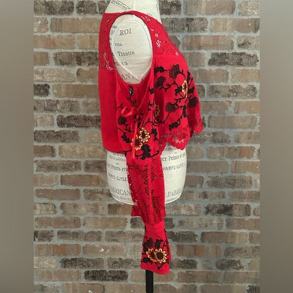 For Love & Lemons $211 Cecelia Crop Top Hot Red sunflower revolve embroidered L - Picture 7 of 10